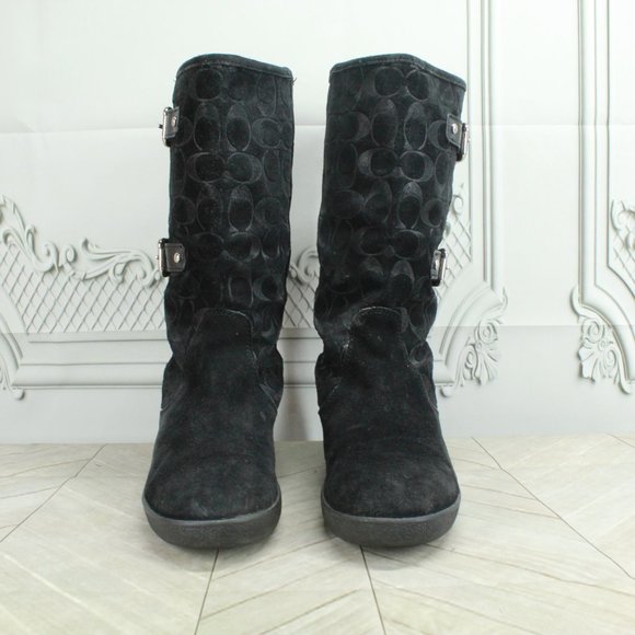Coach Tinah Monogram Black Suede Lined Buckle Mid Calf Boots Size 7.5 B - Picture 4 of 9